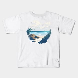 Tropical beach with palm trees and rocks. Kids T-Shirt